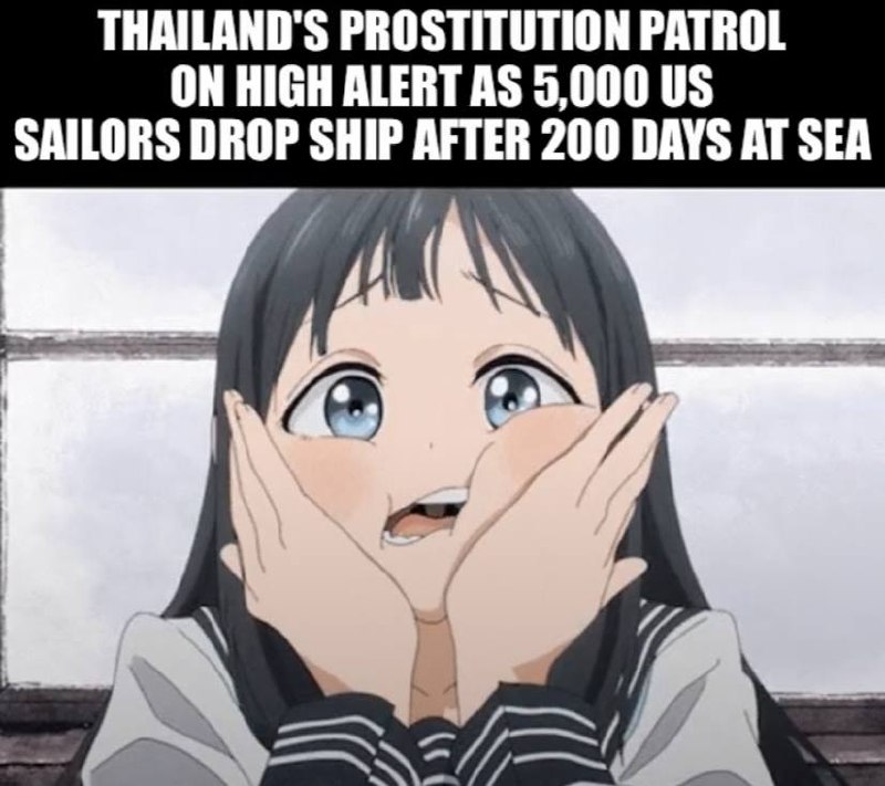 Удивлённая аниме-девушка с текстом про Thailand's prostitution patrol и 5000 американских моряков после 200 дней в море