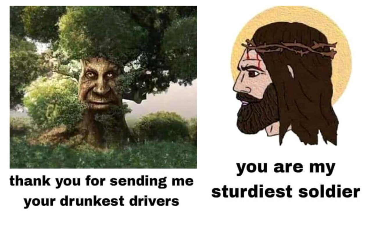 Thank you for sending me your drunkest drivers Мем, где дерево благодарит за пьяных водителей, а Иисус хвалит его за стойкость.