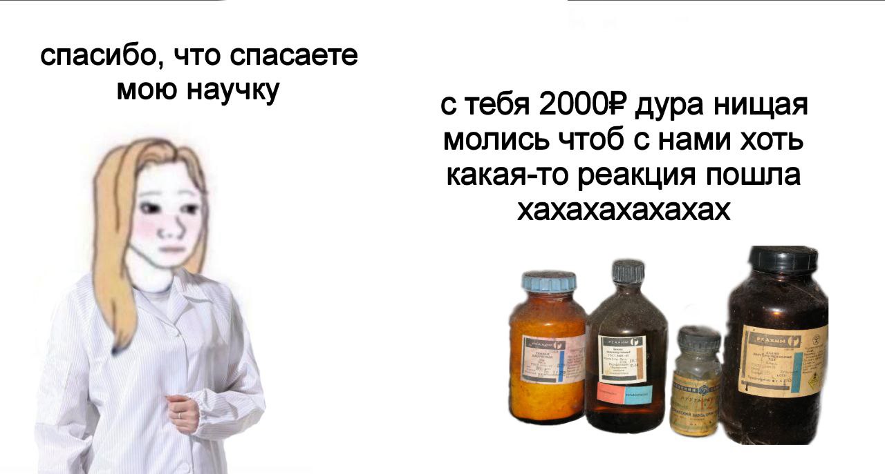 Спасибо что спасаете мою научку с тебя 2000Р дура нищая Девушка-ученый благодарит старые реактивы за спасение науки, а они отвечают ей иронией