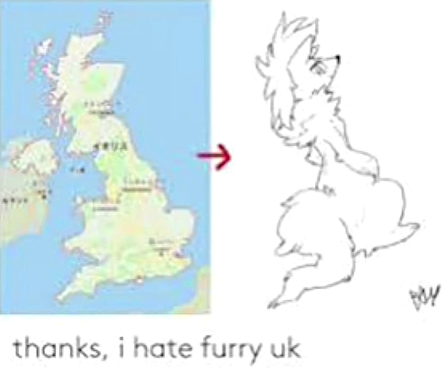 Thanks, i hate furry UK Мем, где карта Великобритании превращается в фурри-персонажа, с подписью "thanks, i hate furry UK"