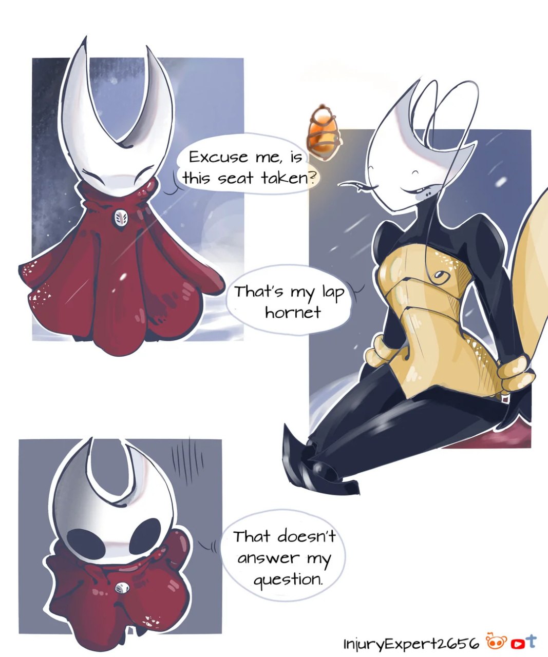 Комикс по Hollow Knight: один персонаж спрашивает, занято ли место, а Хорнет отвечает, что это её колени.