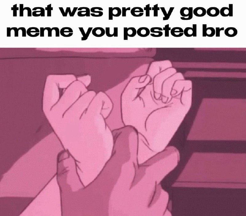 Надпись «that was pretty good meme you posted bro» над сцепленными руками на розово-фиолетовом фоне.