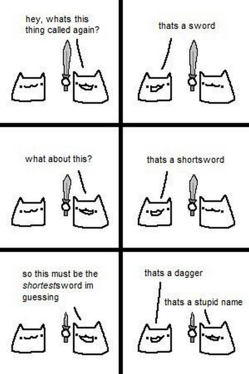 That's a stupid name Кот спрашивает про название мечей, а кот справа ему отвечает, и в конце говорит, что название кинжала глупое.