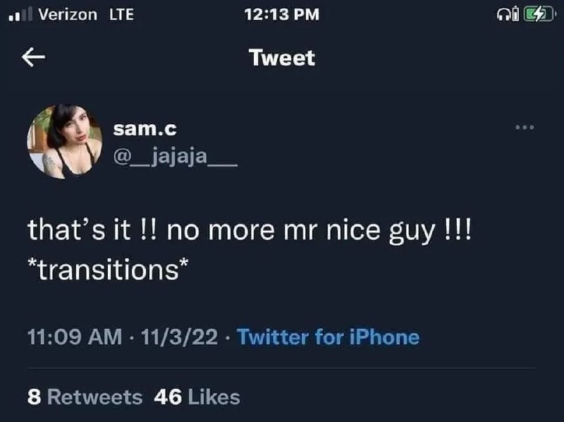 Твит с фразой «that's it, no more Mr Nice Guy!» и подписью «*transitions*» о внезапной смене образа добряка.