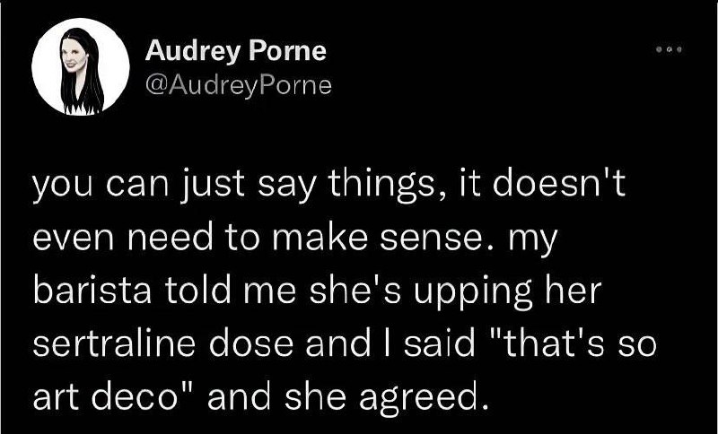 Это так ар-деко Мем, где пользователь Audrey Porne описывает абсурдный диалог с бариста, используя фразу "Это так ар-деко".