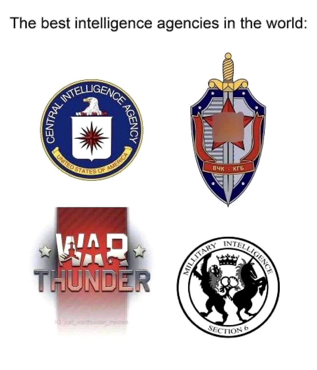 The best intelligence agencies in the world: War Thunder Мем с логотипами разведывательных агентств и War Thunder