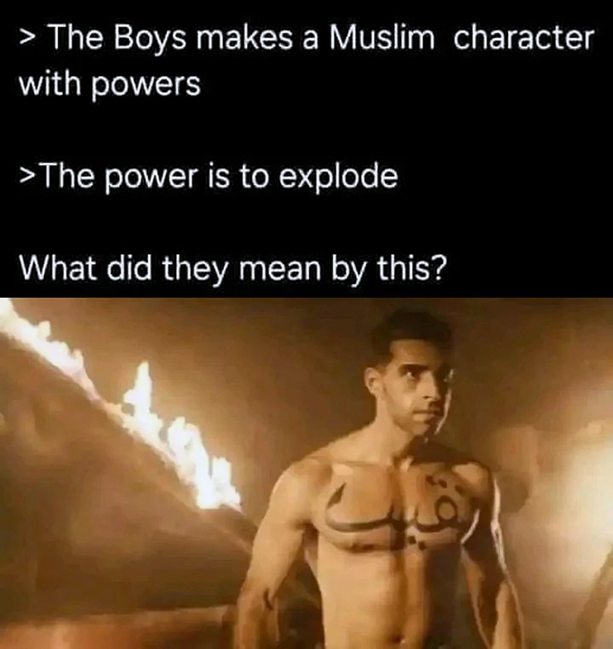 The Boys makes a Muslim character with powers Мусульманский персонаж по имени Нагнетатель из сериала «Пацаны» обладает способностью взрываться. Мем намекает на стереотипы.