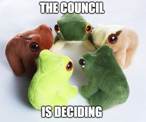 The council is deciding Мем с плюшевыми лягушками «Совет решает»