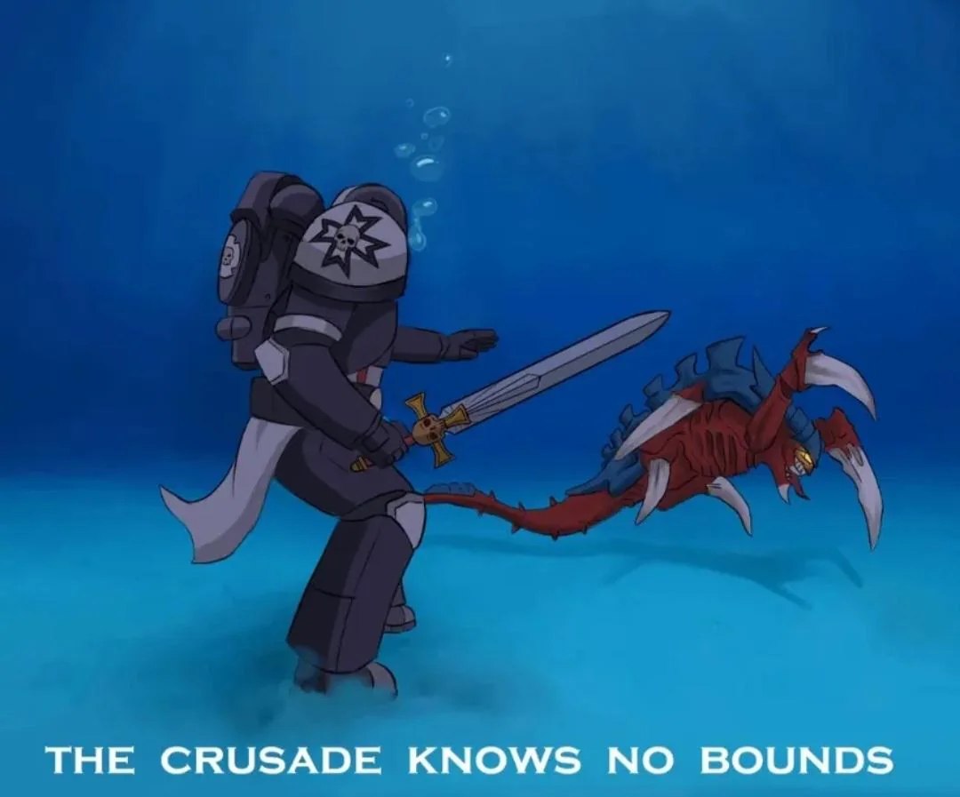 The crusade knows no bounds Космодесантник под водой преследует тиранида с надписью The crusade knows no bounds