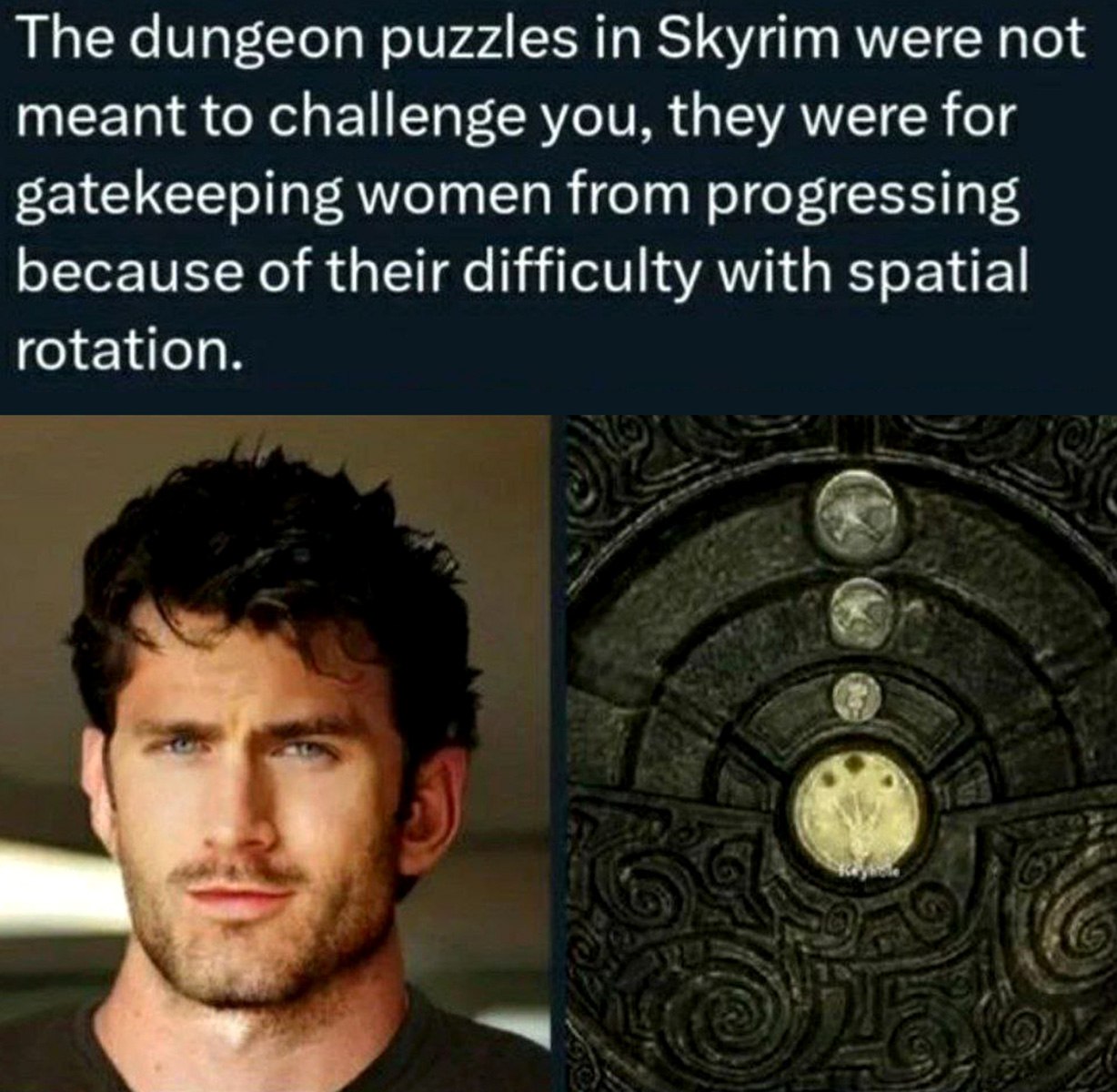 The dungeon puzzles in Skyrim were not meant to challenge you Мужчина с высокомерным выражением лица и головоломка из Skyrim