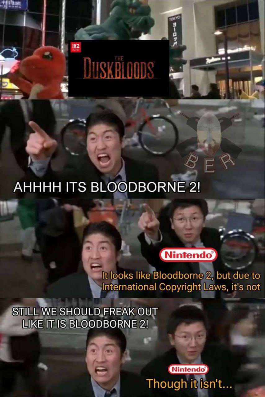 The Duskbloods, это Bloodborne 2 Двое мужчин указывают на вымышленную игру The Duskbloods, которая похожа на Bloodborne 2, и кричат, а третий человек с логотипом Nintendo объясняет, что это не так.