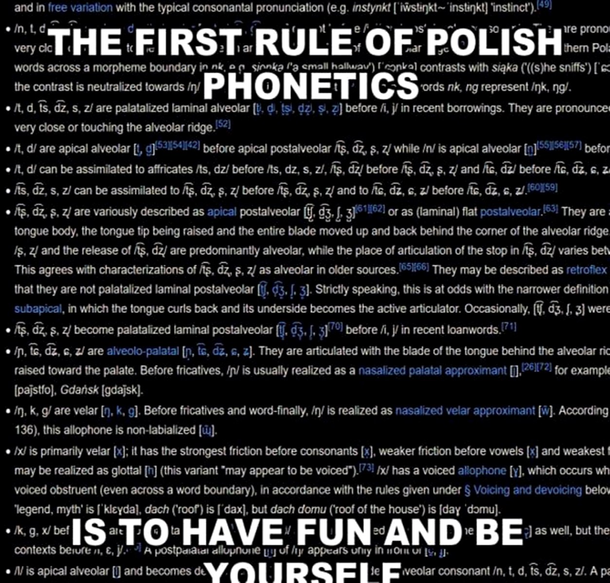 The first rule of Polish phonetics is to have fun Мем с надписью «Первое правило польской фонетики — получать удовольствие и быть собой» на фоне правил польской фонетики