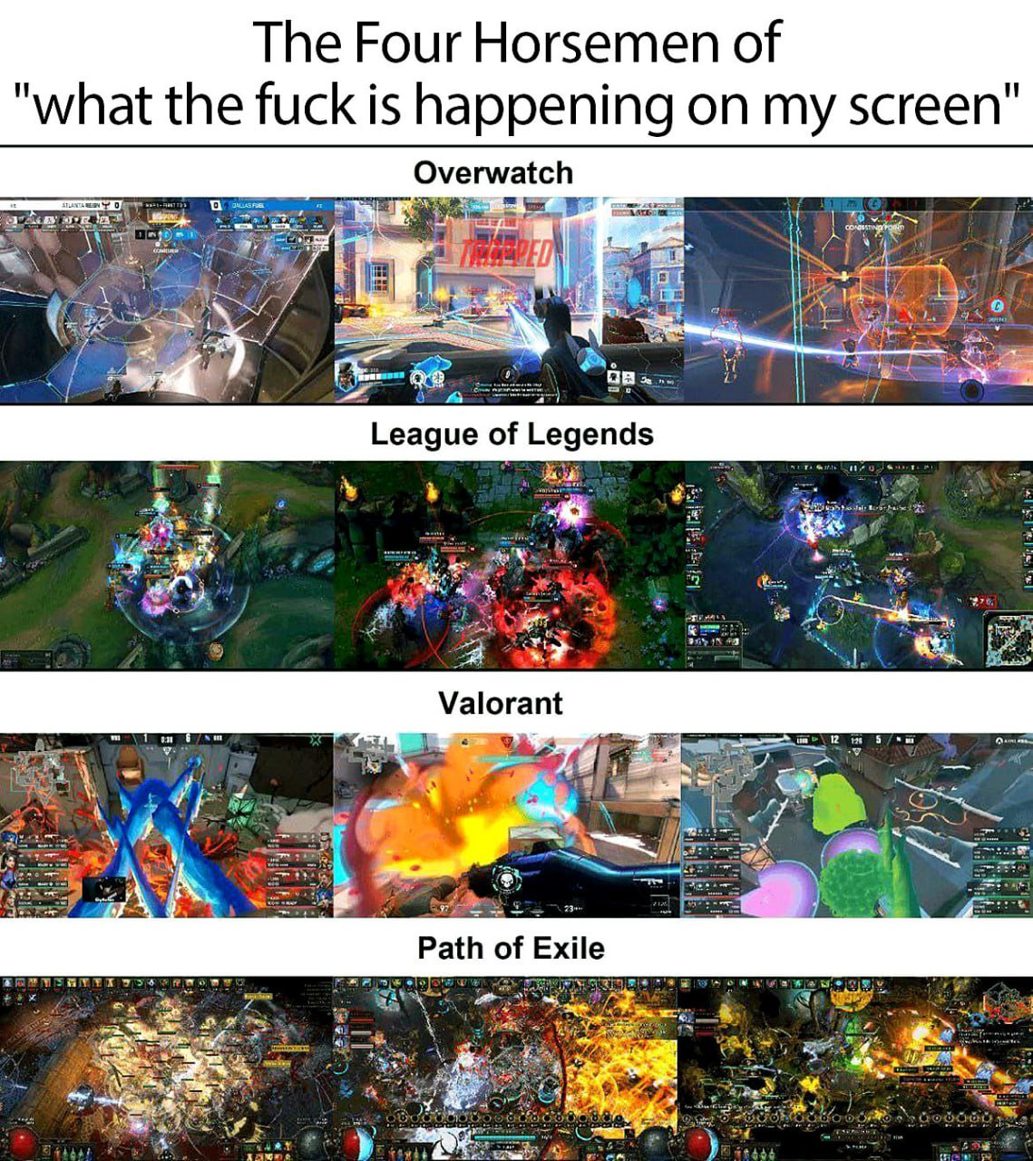 The Four Horsemen of "what the fuck is happening on my screen" Четыре всадника "что, черт возьми, происходит на моем экране" с играми Overwatch, League of Legends, Valorant и Path of Exile