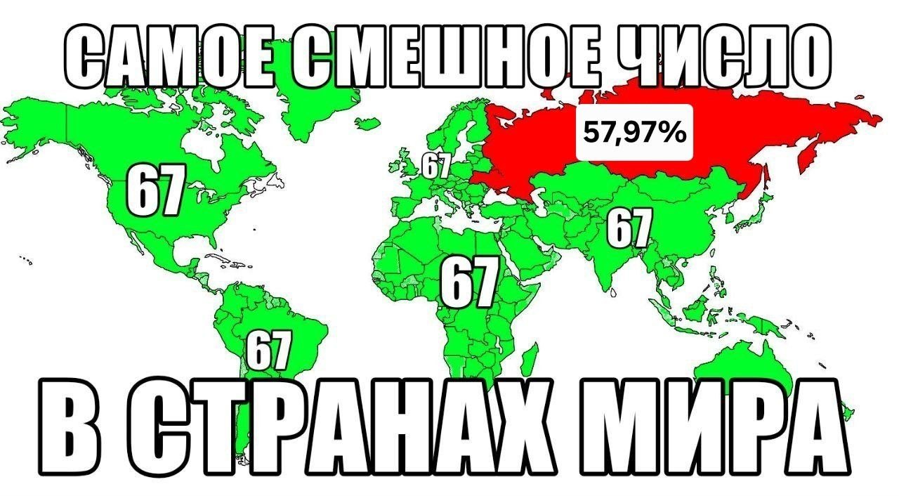 Карта мира с числом 67 в большинстве стран и значением 57,97% в России