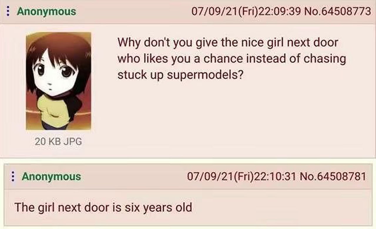 The girl next door is six years old Переписка на 4chan о том, почему не стоит встречаться с милой девушкой по соседству, которая на самом деле шестилетняя девочка