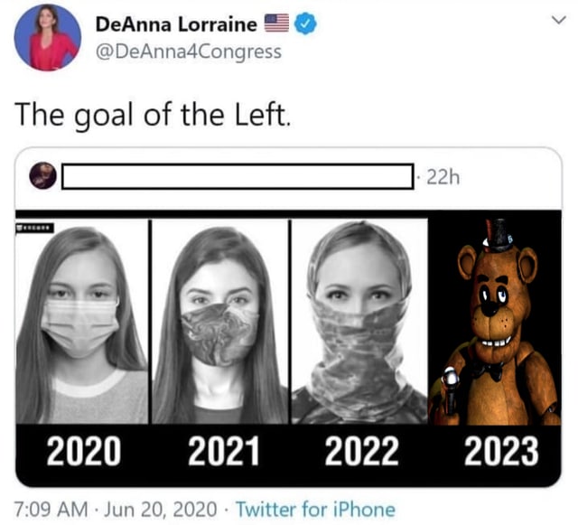 Цель левых 2020 2021 2022 2023 Мем про "цель левых" и "эволюцию" закрытия лиц людей с 2020 по 2023 год, заканчивающуюся изображением Фредди Фазбера.