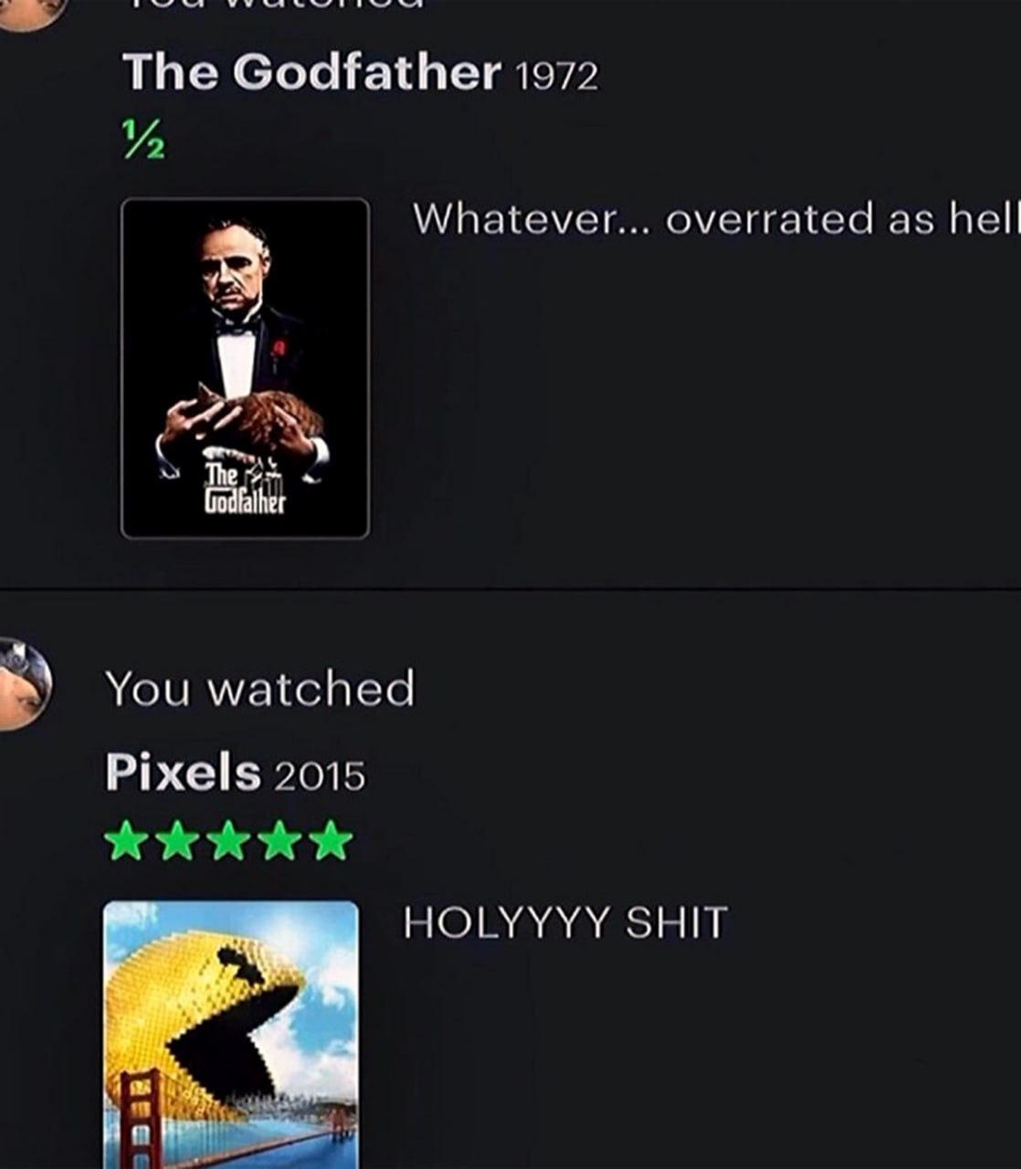 Оценка фильмов The Godfather и Pixels Сравнение оценок фильмов «Крёстный отец» и «Пиксели» в приложении для просмотра фильмов.