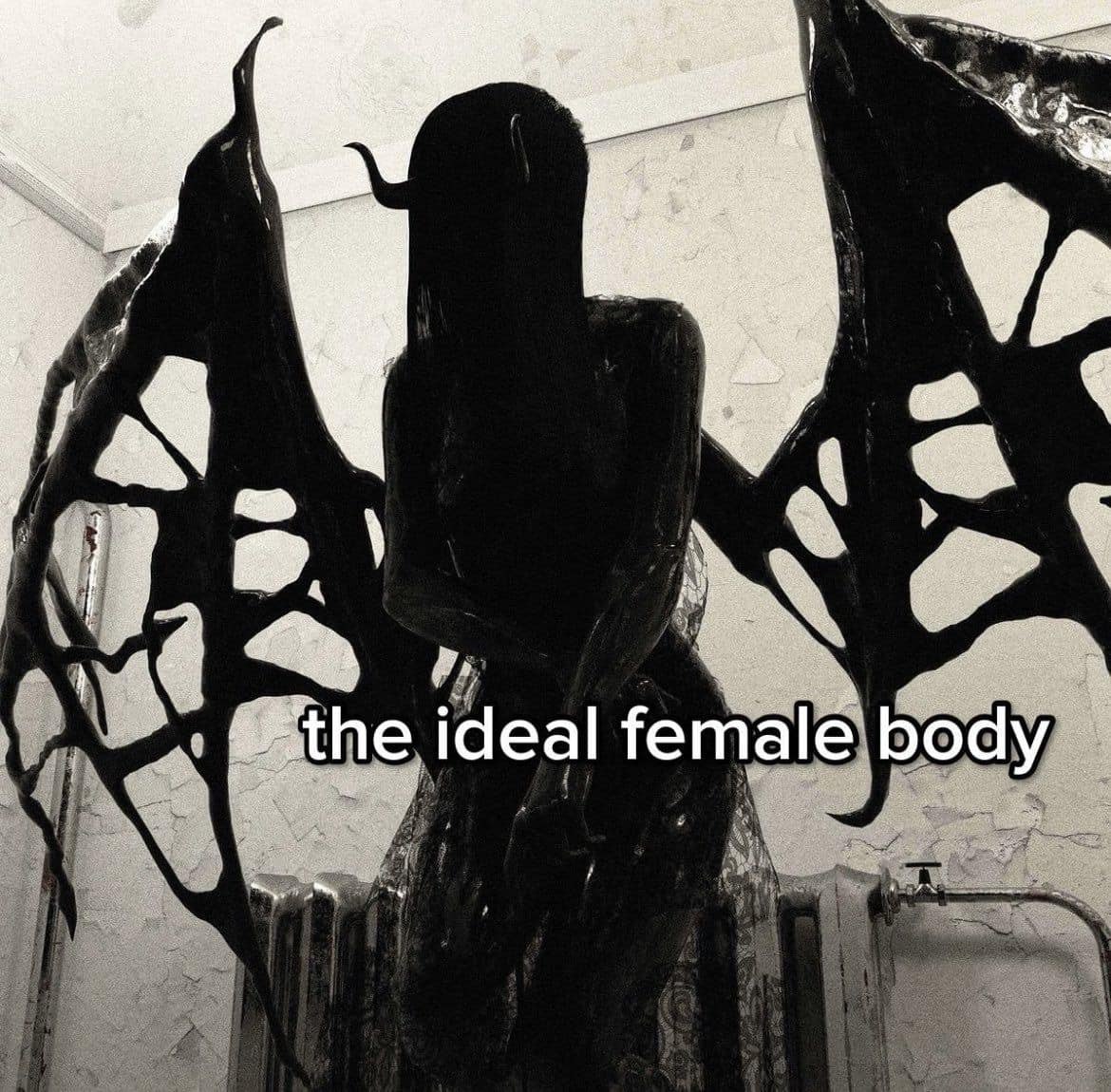 Мрачное существо с крыльями в заброшенном помещении и надписью «the ideal female body»