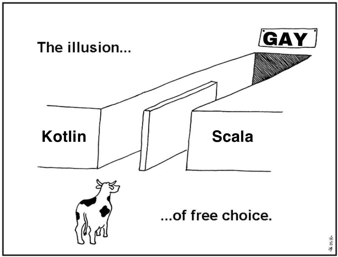 Корова выбирает между Kotlin и Scala, но обе дороги ведут к табличке «GAY» — иллюзия свободного выбора.