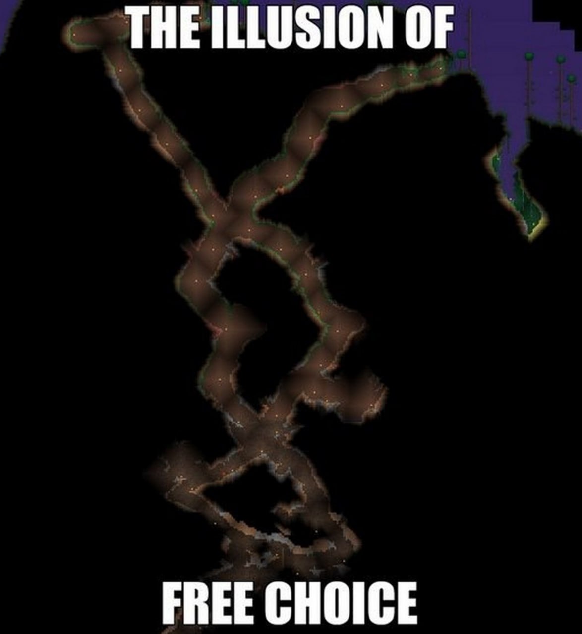 The illusion of free choice Мем, иллюстрирующий, как кажущийся разветвленный путь в игре Terraria на самом деле ведет к одной и той же точке.