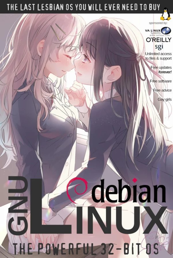 Мем The last lesbian OS, Debian Linux и две девушки