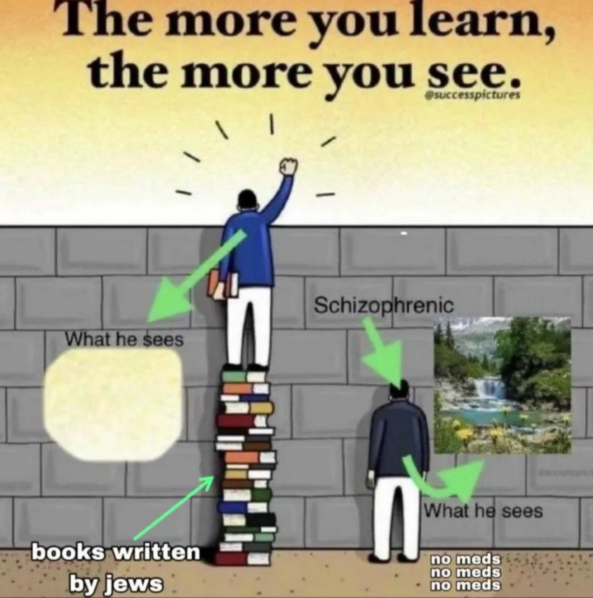 The more you learn, the more you see Два человека, один из которых стоит на книгах, а другой нет, и каждый видит что-то свое.
