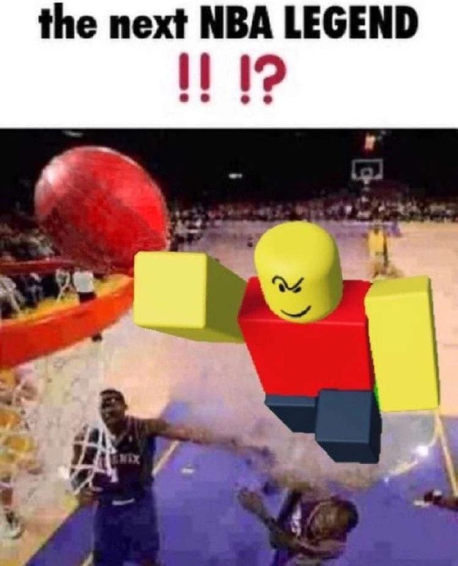 Следующая легенда НБА Мем с игроком из Roblox, забивающим мяч в баскетбольное кольцо