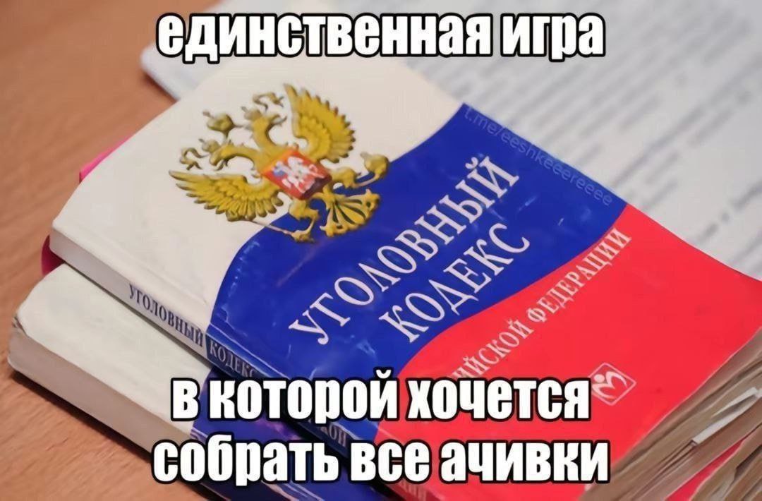 Единственная игра, в которой хочется собрать все ачивки Мем с Уголовным кодексом Российской Федерации и надписью «Единственная игра, в которой хочется собрать все ачивки».
