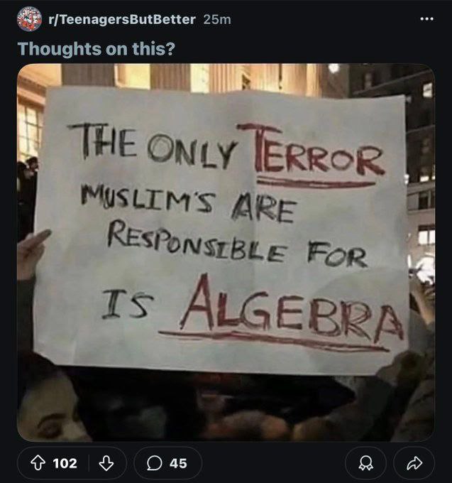 The only terror muslim's are responsible for is algebra Человек держит плакат с надписью «Единственный террор, за который ответственны мусульмане, — это алгебра»