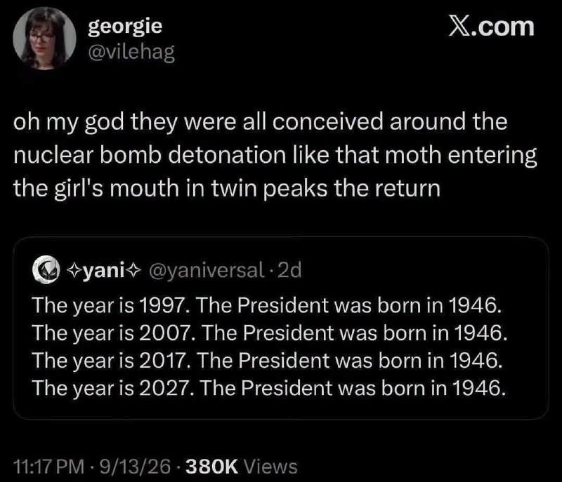 Шутка о том, что в 1997, 2007, 2017 и 2027 годах президент всё ещё родился в 1946 году