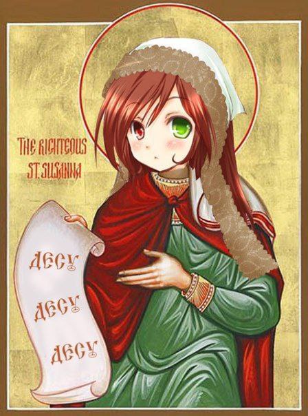 The righteous St. Susanna Праведная святая Сусанна в аниме-стиле с надписью «ДЕСУ» на свитке