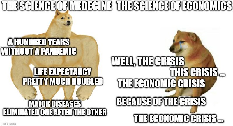 The science of medecine vs the science of economics Мем, сравнивающий успехи медицины и экономики, с сильным Доге и плачущим Чимсом.