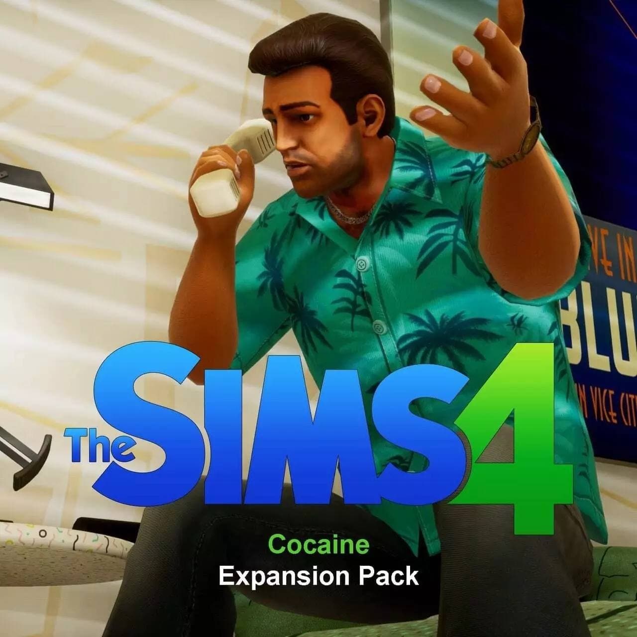 The Sims 4 Cocaine Expansion Pack Мем с Томми Версетти из GTA: Vice City и логотипом The Sims 4 с текстом Cocaine Expansion Pack