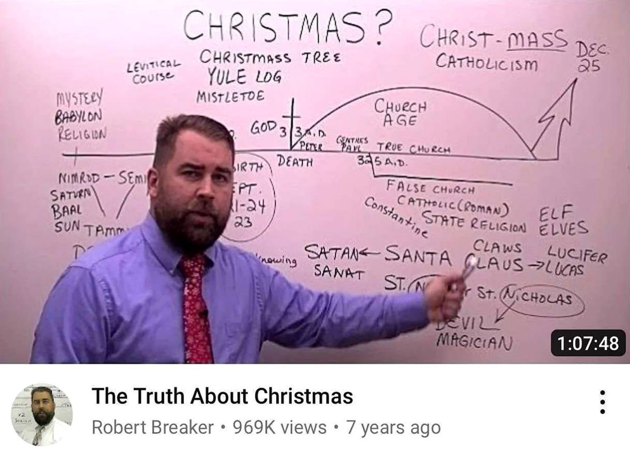 The Truth About Christmas Мужчина в рубашке и галстуке объясняет свою теорию происхождения Рождества, используя доску с диаграммами и надписями, где все отсылки к празднику ведут к сатане и ложной церкви.