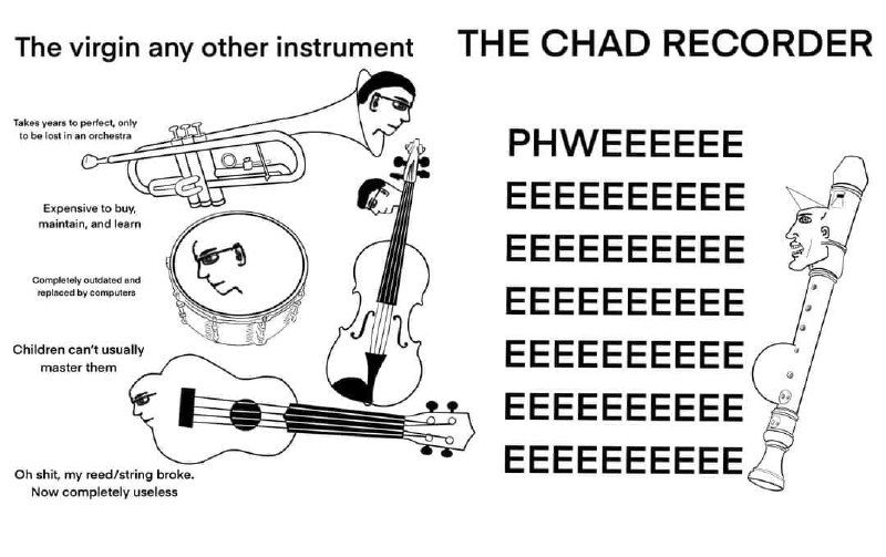 The Virgin any other instrument vs The Chad Recorder Мем, сравнивающий "девственные" музыкальные инструменты с "Чадом" — блокфлейтой.