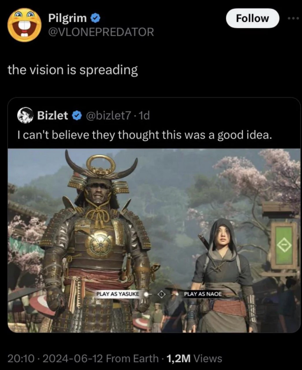 The vision is spreading Скриншот из игры Assassin's Creed Shadows с выбором персонажей Ясуке и Наоэ, опубликованный в твиттере с подписью «The vision is spreading».