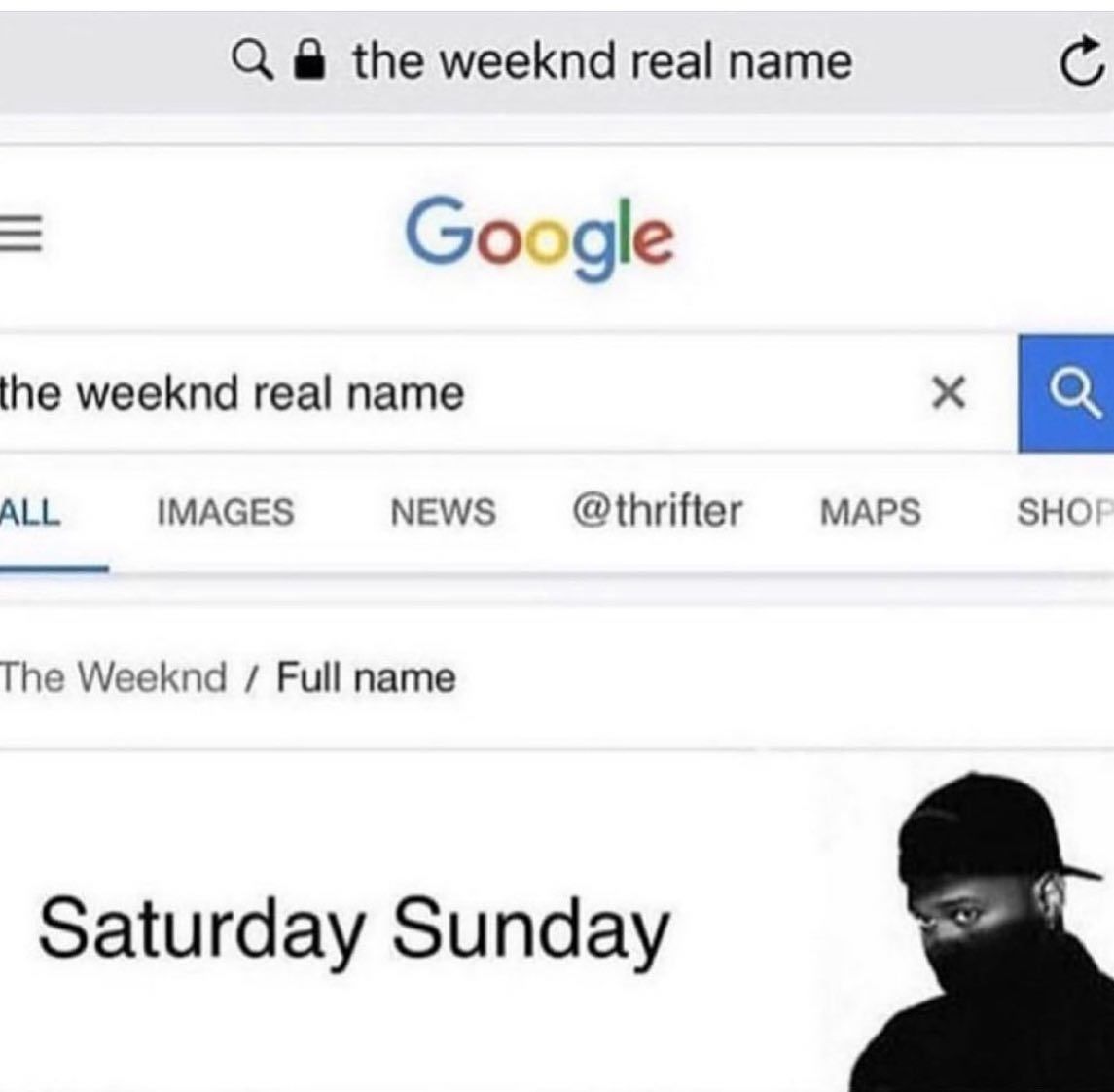 Настоящее имя The Weeknd Суббота Воскресенье Поиск Google по запросу «настоящее имя The Weeknd» с ответом «Суббота Воскресенье» и изображением артиста.
