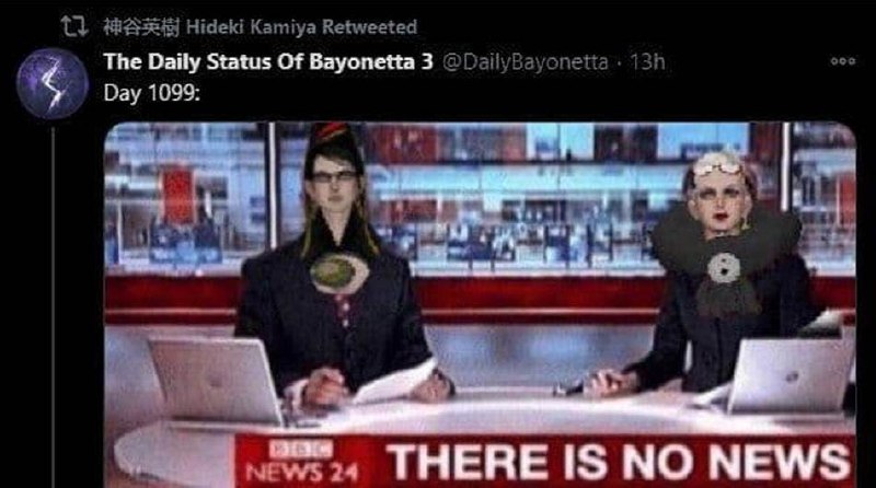 Новостей нет Bayonetta 3 Мем, где персонажи Bayonetta Умбра Витч и Родин изображены в виде ведущих новостей, сообщающих об отсутствии информации.