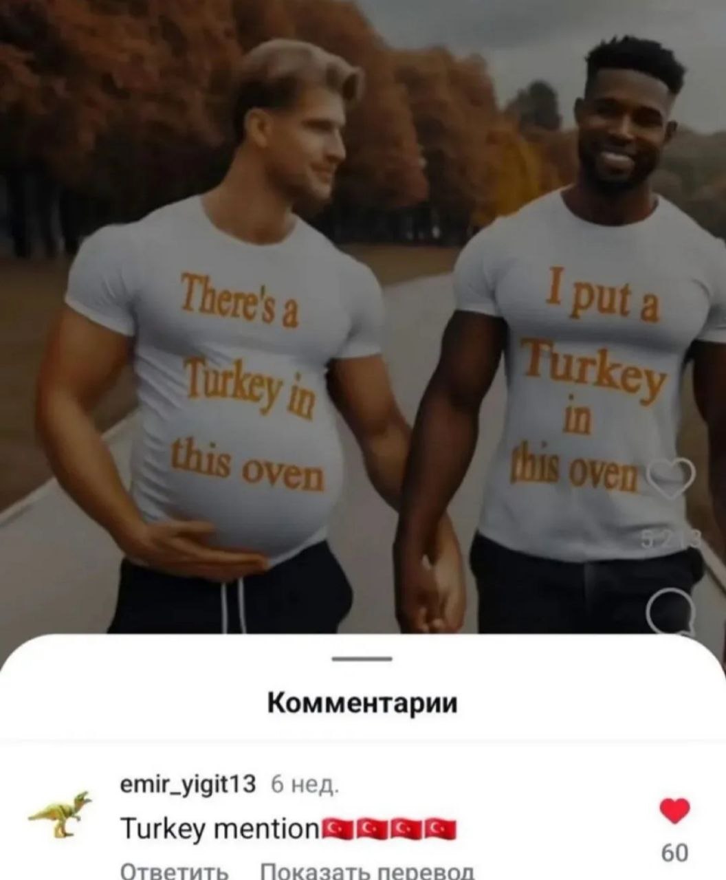 There's a Turkey in this oven Два накачанных мужчины в футболках с надписями: на одном «There's a Turkey in this oven», а на другом «I put a Turkey in this oven». Один из мужчин держится за свой большой живот.