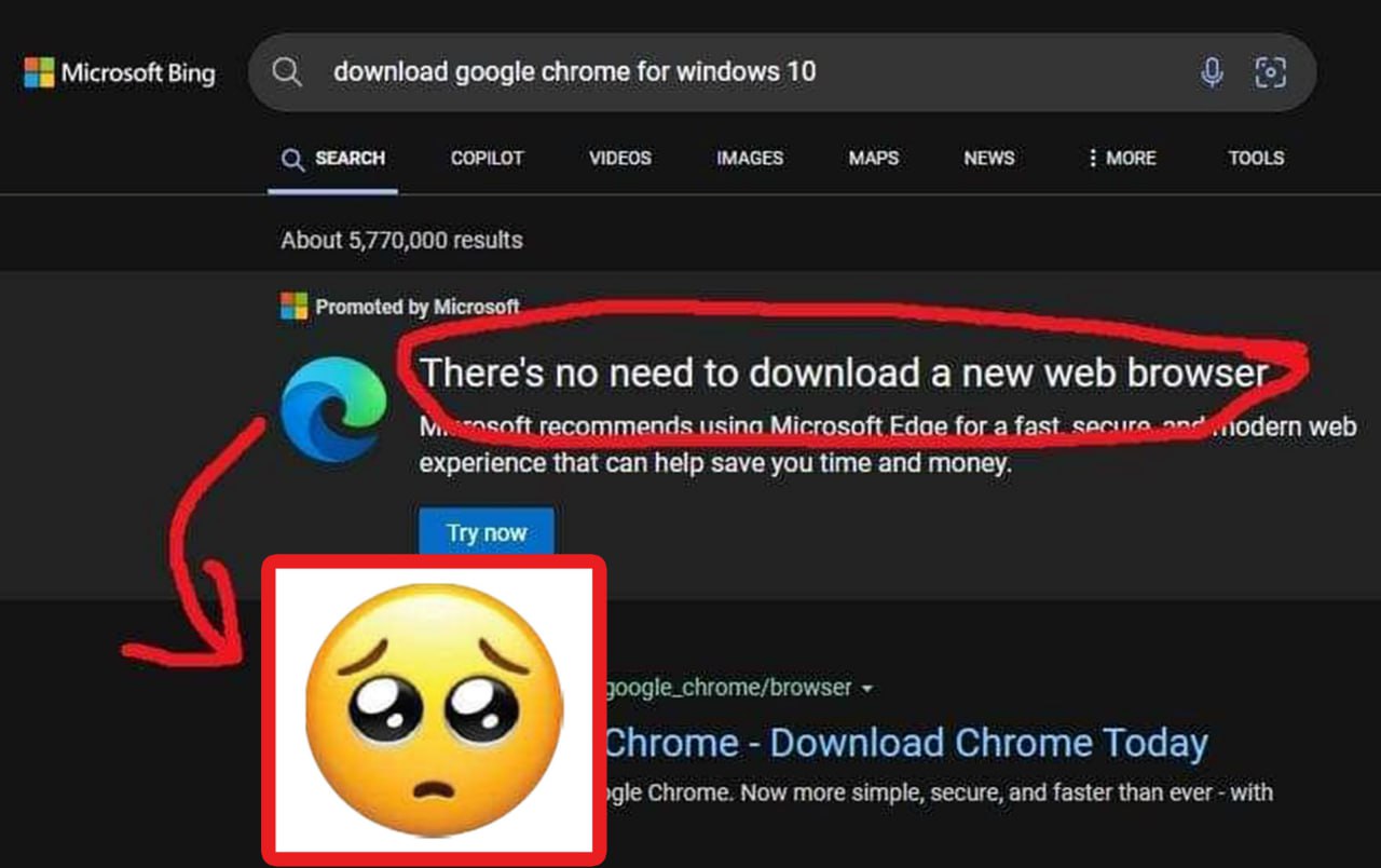 There's no need to download a new web browser Bing Bing не хочет, чтобы пользователь скачивал Google Chrome