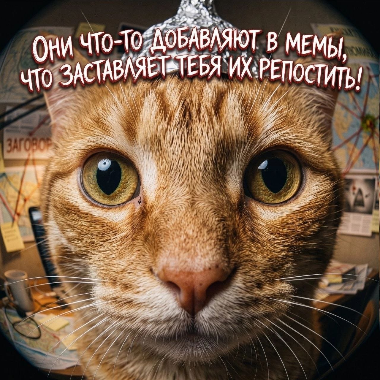 Крупный план рыжего кота с надписью о том, что в мемы что-то добавляют, из-за чего их хочется репостить