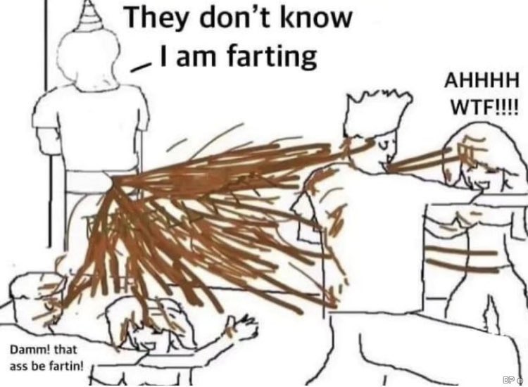 They don't know I am farting Нарисованный человечек в праздничном колпаке испускает фекалии на вечеринке, в то время как другие не подозревают о его действиях