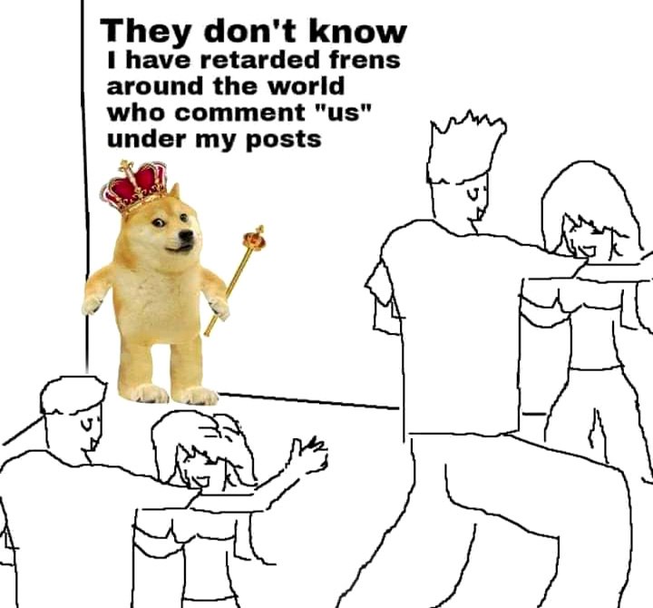 They don't know I have retarded frens around the world who comment "us" under my posts Доге в короне на вечеринке и надпись "They don't know I have retarded frens around the world who comment "us" under my posts"