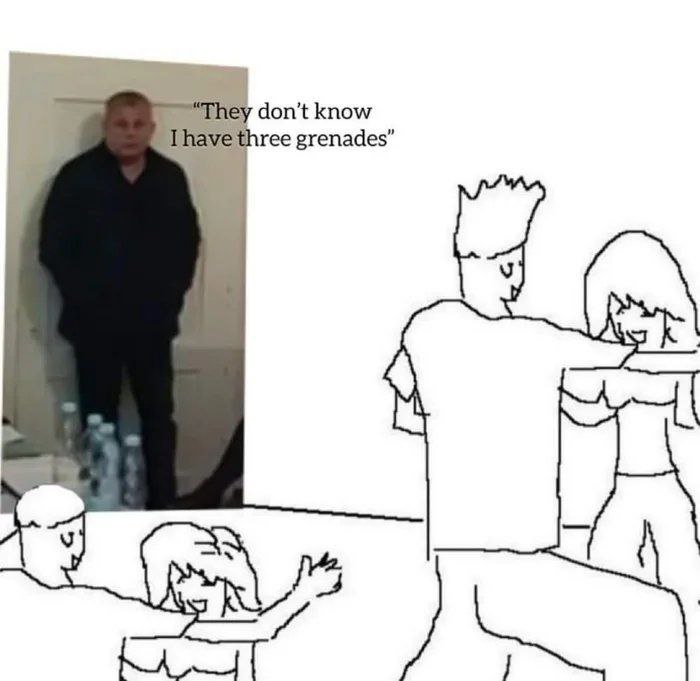 They don't know I have three grenades Мужчина с гренадами, наблюдающий за вечеринкой.