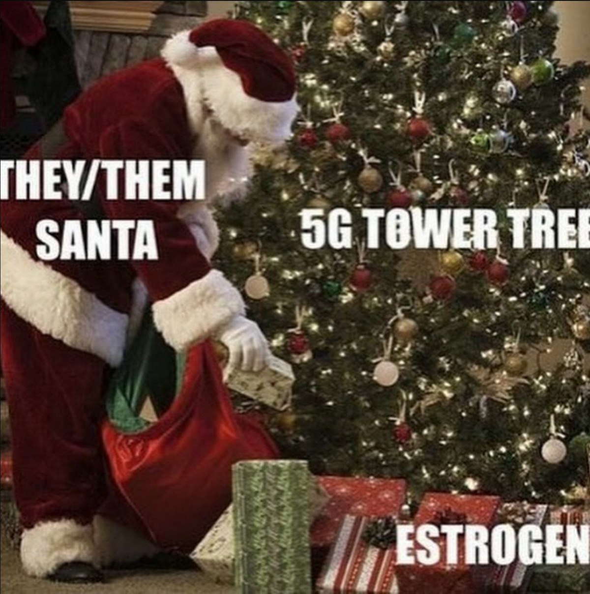 They/them Santa, 5G Tower Tree и эстроген Санте, использующему местоимения they/them, приносят подарки под 5G-ёлку, среди которых эстроген.