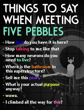 Список фраз, которые можно сказать при встрече с Five Pebbles из Rain World, включая вопросы о ванной, нейронах и продаже жемчужины.