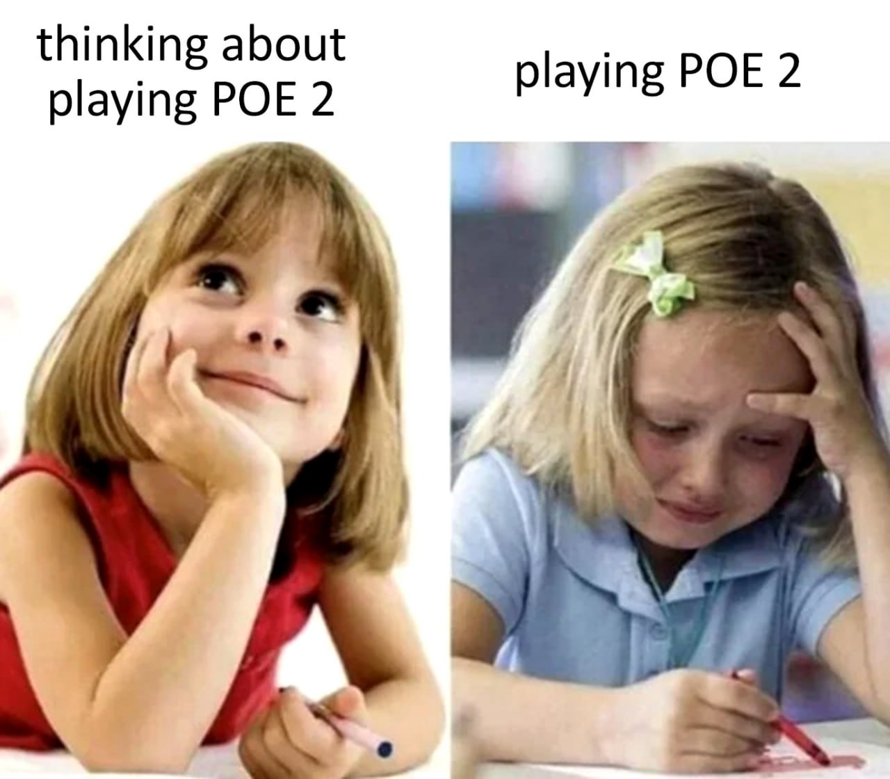 Думаю о POE 2, играя в POE 2 Мем с девочкой, которая думает о POE 2 и плачет, играя в POE 2