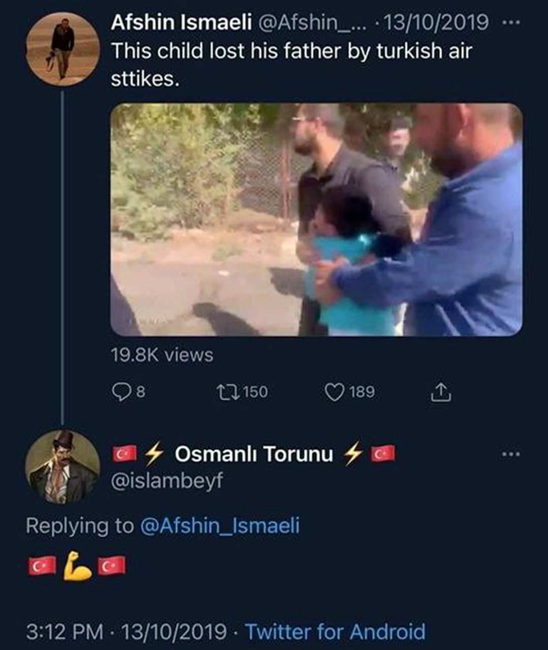This child lost his father by turkish air sttikes Скриншот твита «This child lost his father by turkish air sttikes»