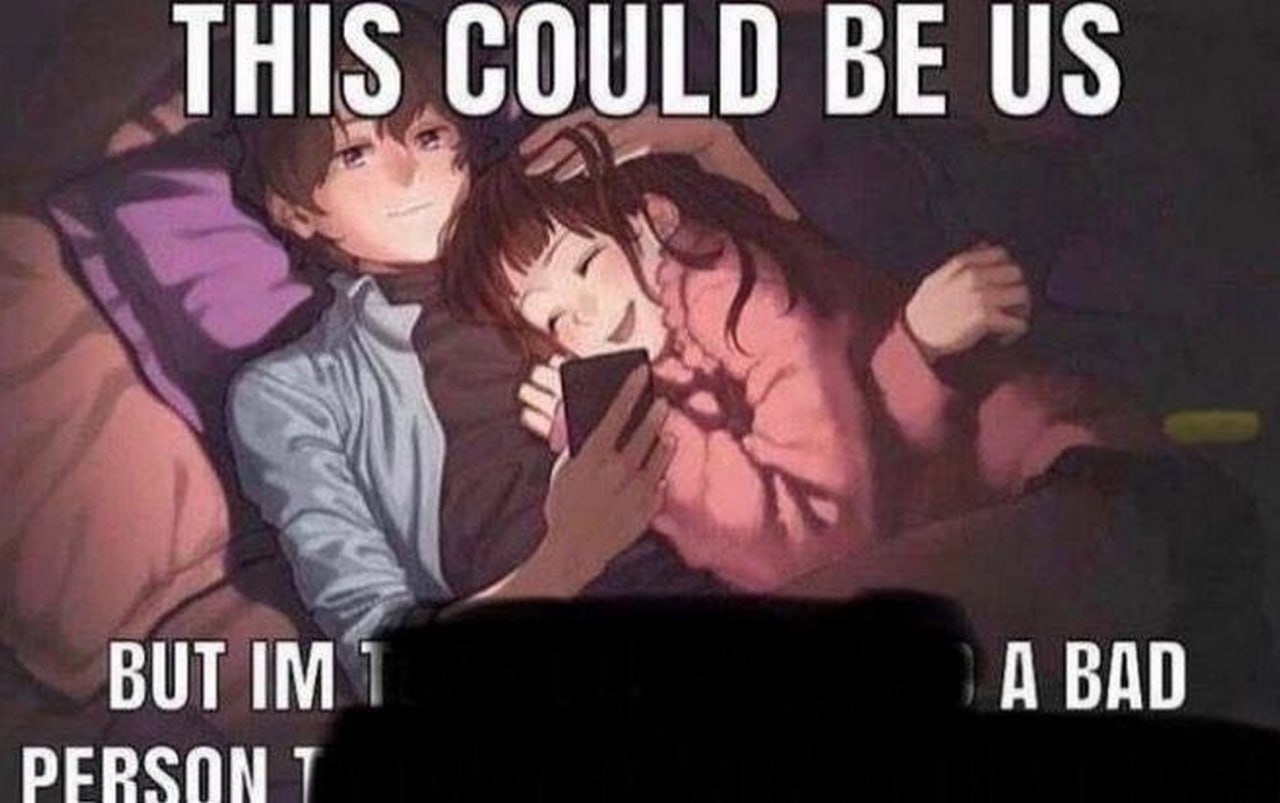 This could be us but im a bad person Мем с фразой "This could be us, but I'm a bad person", где парень и девушка лежат в постели