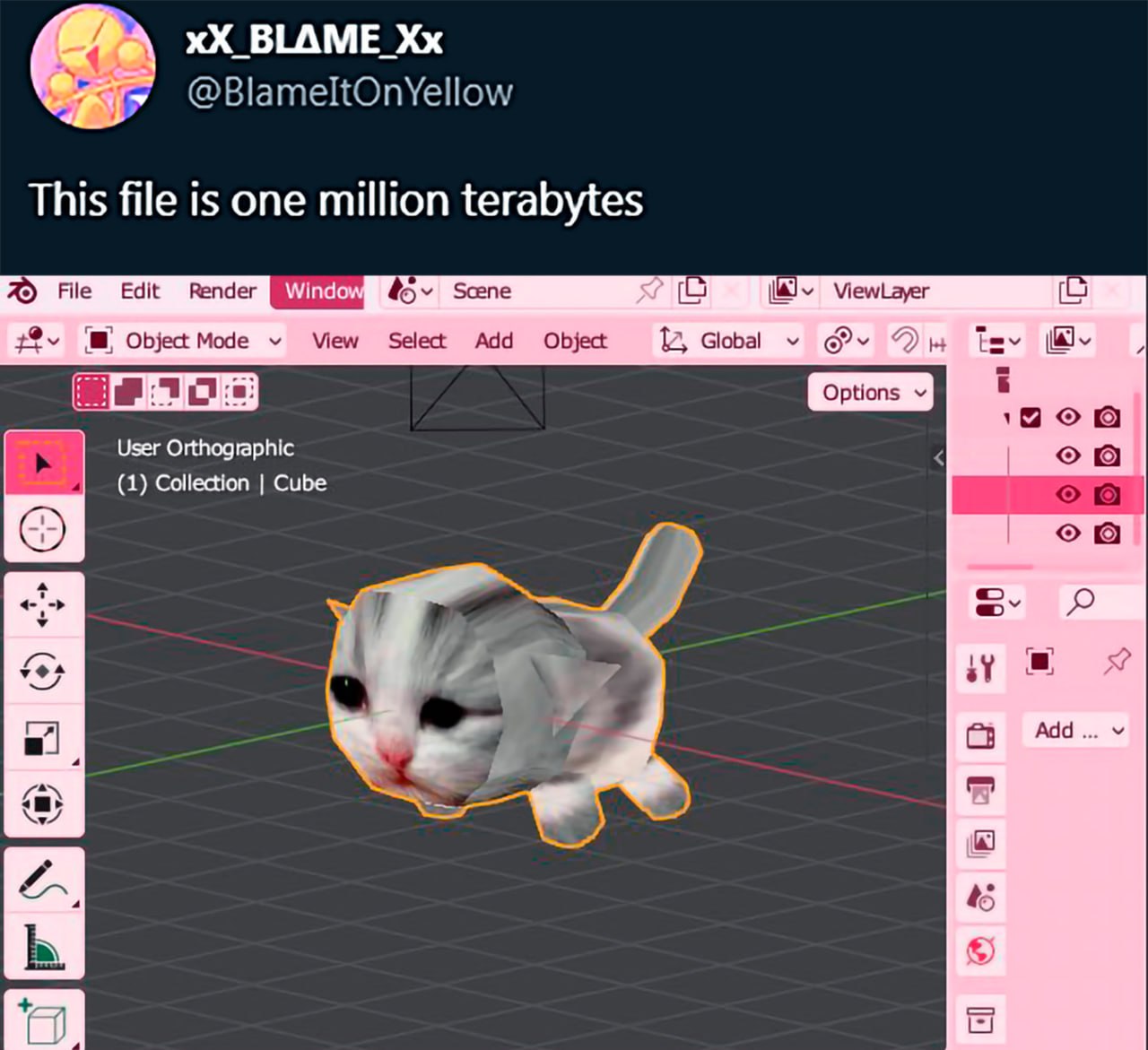 Этот файл весит миллион терабайт Мем с котом в 3D-редакторе Blender и подписью: «Этот файл весит миллион терабайт».